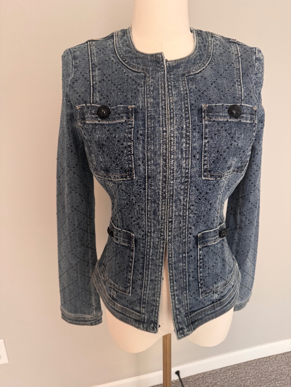 White House Black Market Rhinestone Denim Jacket Size 2